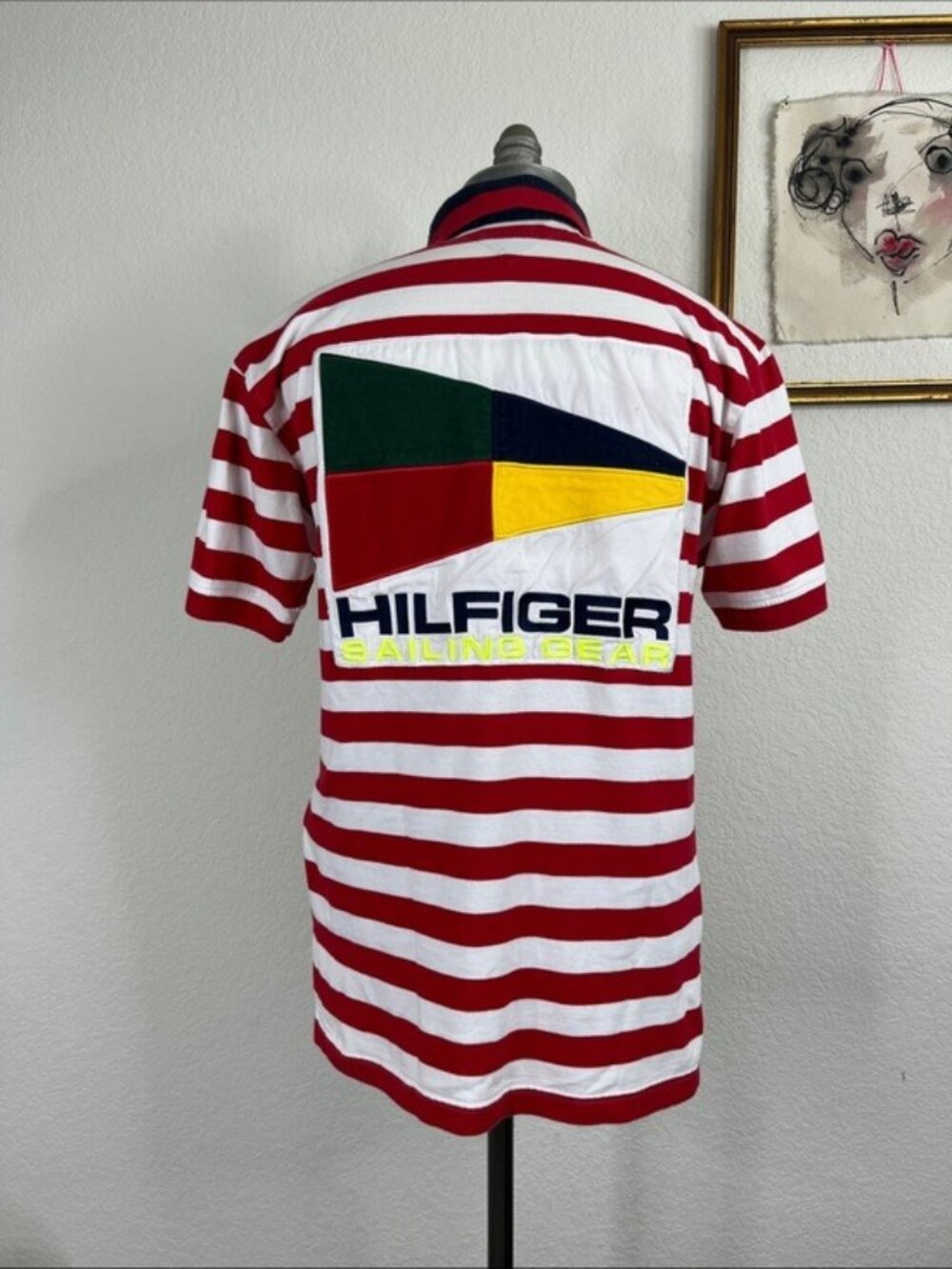 VTG 90's RARE Tommy Hilfiger Sailing Yatch Team Nautical Stripe Embroidered Polo